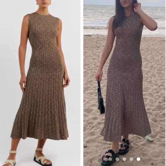 RARE DISSH Lottie Moss Marle Midi Knit Dress Casual Sleeveless Tan